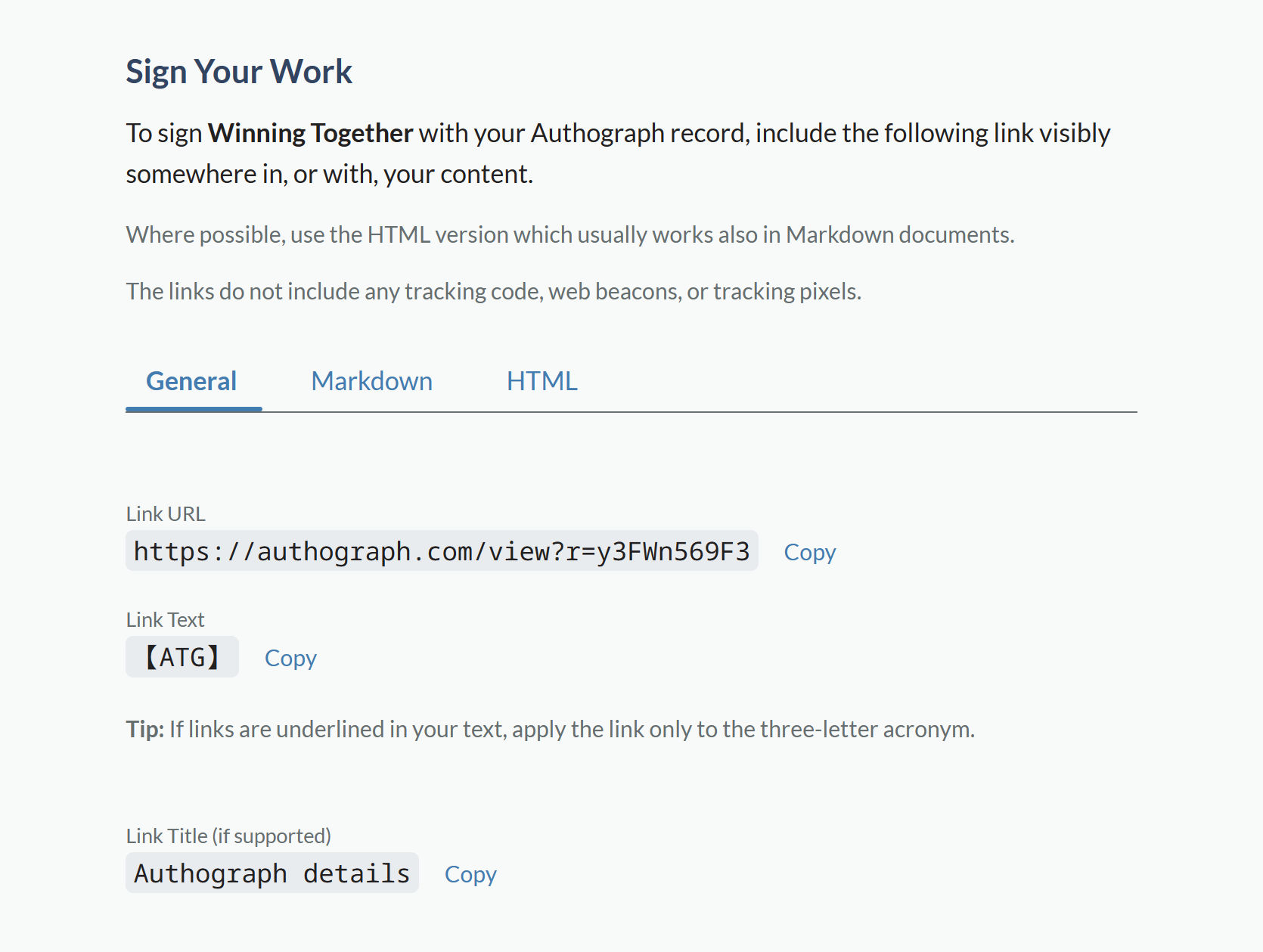 A screenshot of information on how to apply the Authograph link to the content